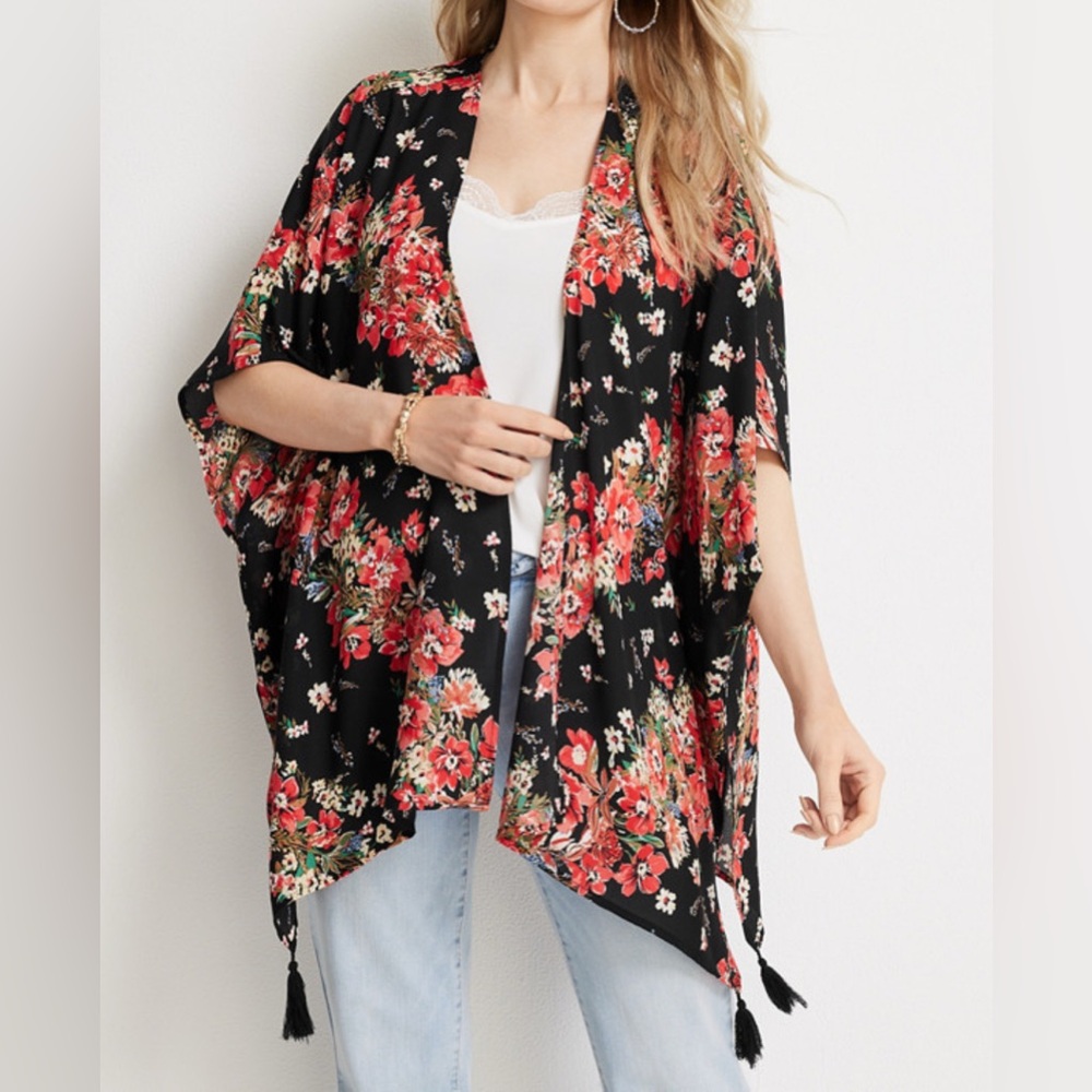 Maurices Womens One Size Fits All Floral Tassel Flowy Kimono Sweater Boho Hippie